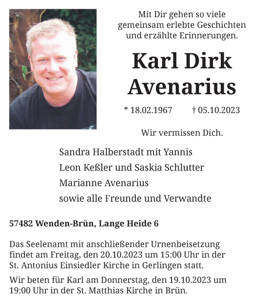 Traueranzeige von Karl Dirk Avenarius von Tageszeitung