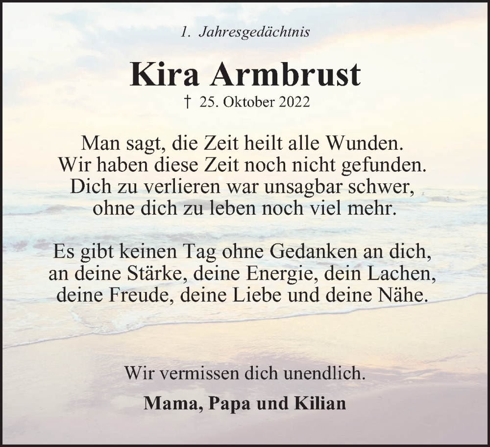  Traueranzeige für Kira Armbrust vom 28.10.2023 aus Tageszeitung
