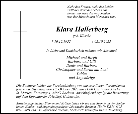 Traueranzeige von Klara Hallerberg von Tageszeitung