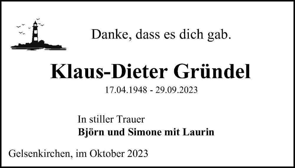  Traueranzeige für Klaus-Dieter Gründel vom 28.10.2023 aus Tageszeitung