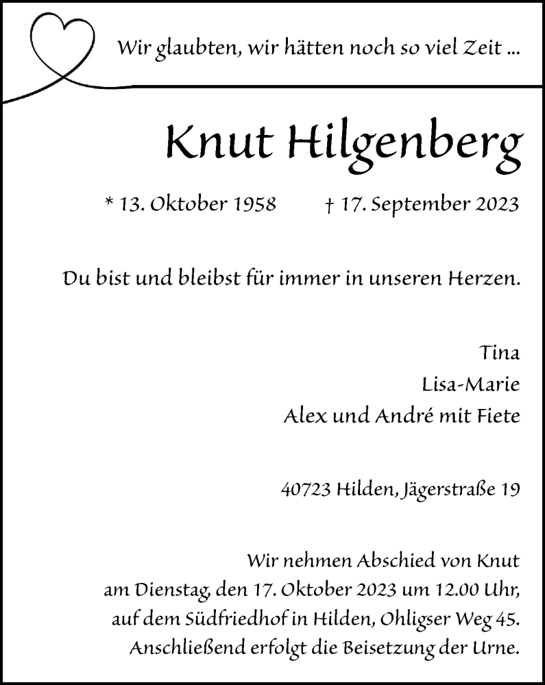  Traueranzeige für Knut Hilgenberg vom 07.10.2023 aus Tageszeitung