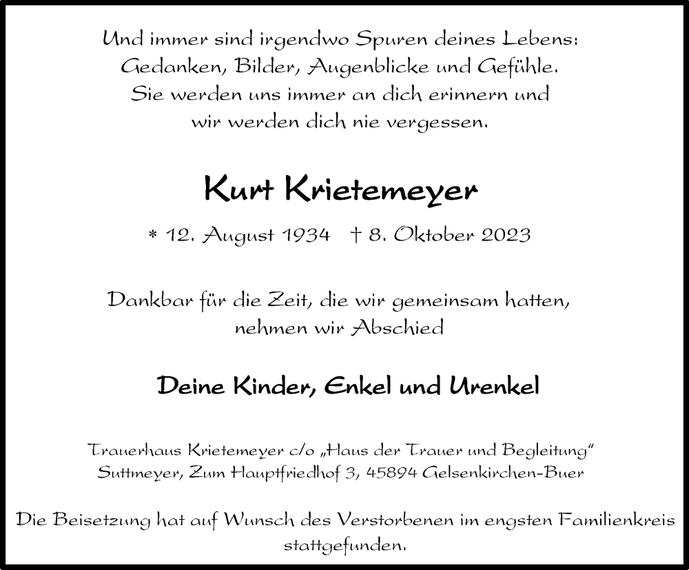  Traueranzeige für Kurt Krietemeyer vom 14.10.2023 aus Tageszeitung