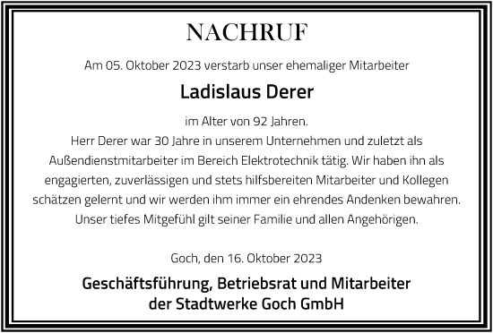 Traueranzeige von Ladislaus Derer von Tageszeitung