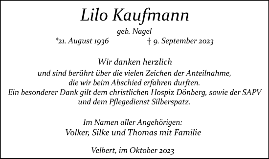 Traueranzeige von Lilo Kaufmann von Tageszeitung