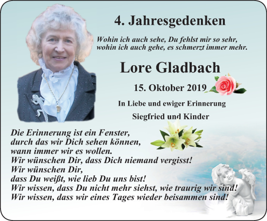 Traueranzeige von Lore Gladbach von Tageszeitung