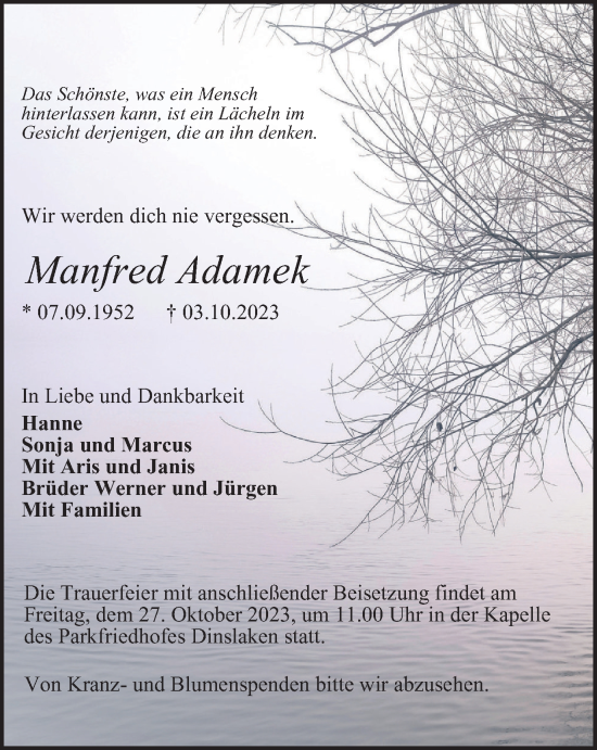 Traueranzeige von Manfred Adamek von Tageszeitung