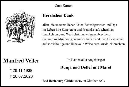 Traueranzeige von Manfred Veller von Tageszeitung