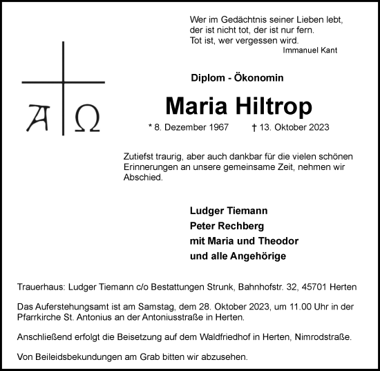 Traueranzeige von Maria Hiltrop von Tageszeitung