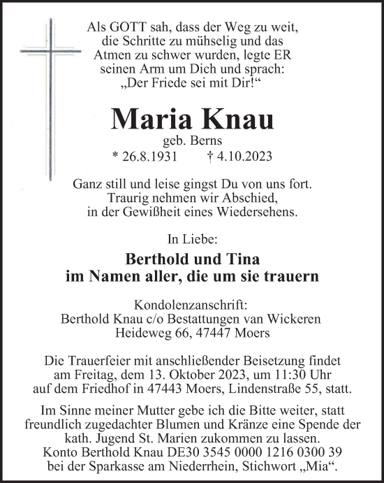 Traueranzeige von Maria Knau von Tageszeitung