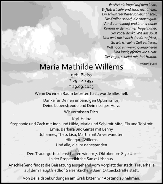 Traueranzeige von Maria Mathilde Willems von Tageszeitung