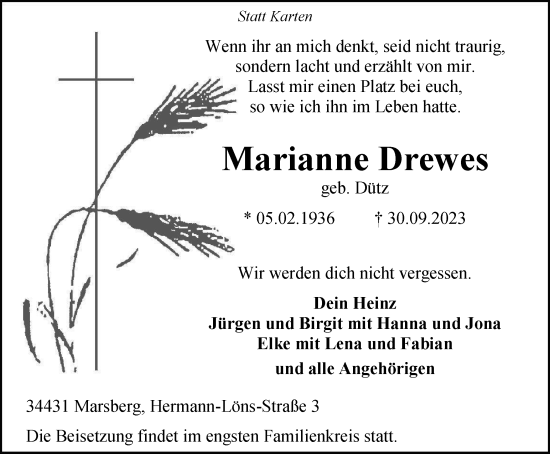 Traueranzeige von Marianne Drewes von Tageszeitung