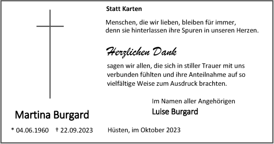 Traueranzeige von Martina Burgard von Tageszeitung