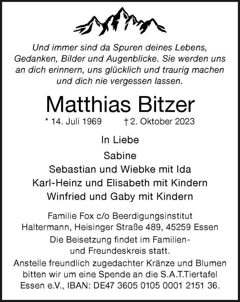  Traueranzeige für Matthias Bitzer vom 21.10.2023 aus Tageszeitung