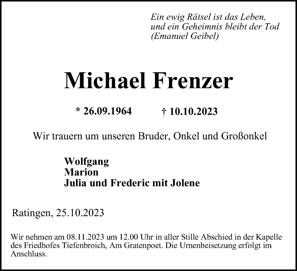  Traueranzeige für Michael Frenzer vom 28.10.2023 aus Tageszeitung
