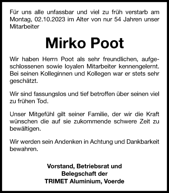 Traueranzeige von Mirko Poot von Tageszeitung