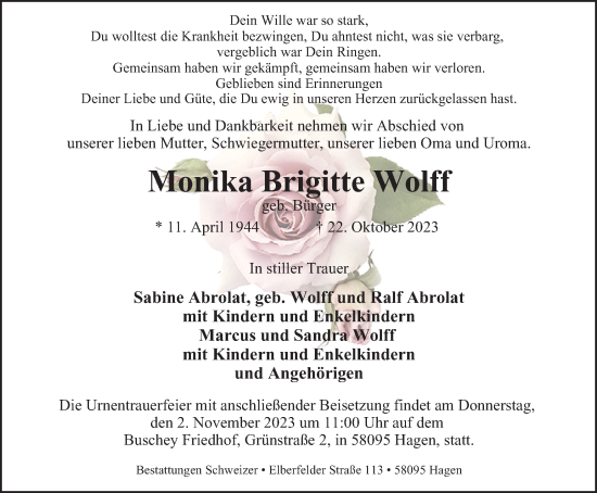 Traueranzeige von Monika  Wolff von Tageszeitung