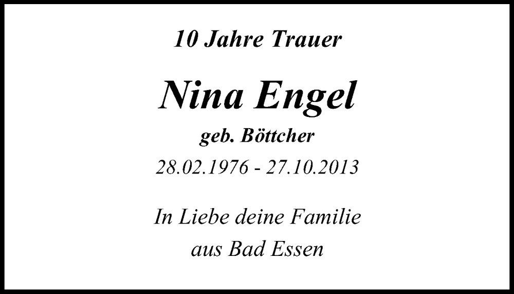  Traueranzeige für Nina Engel vom 28.10.2023 aus Tageszeitung