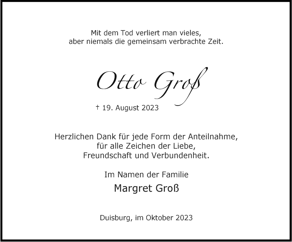  Traueranzeige für Otto Groß vom 21.10.2023 aus Tageszeitung