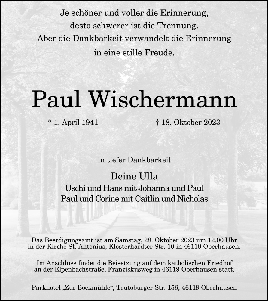  Traueranzeige für Paul Wischermann vom 25.10.2023 aus Tageszeitung