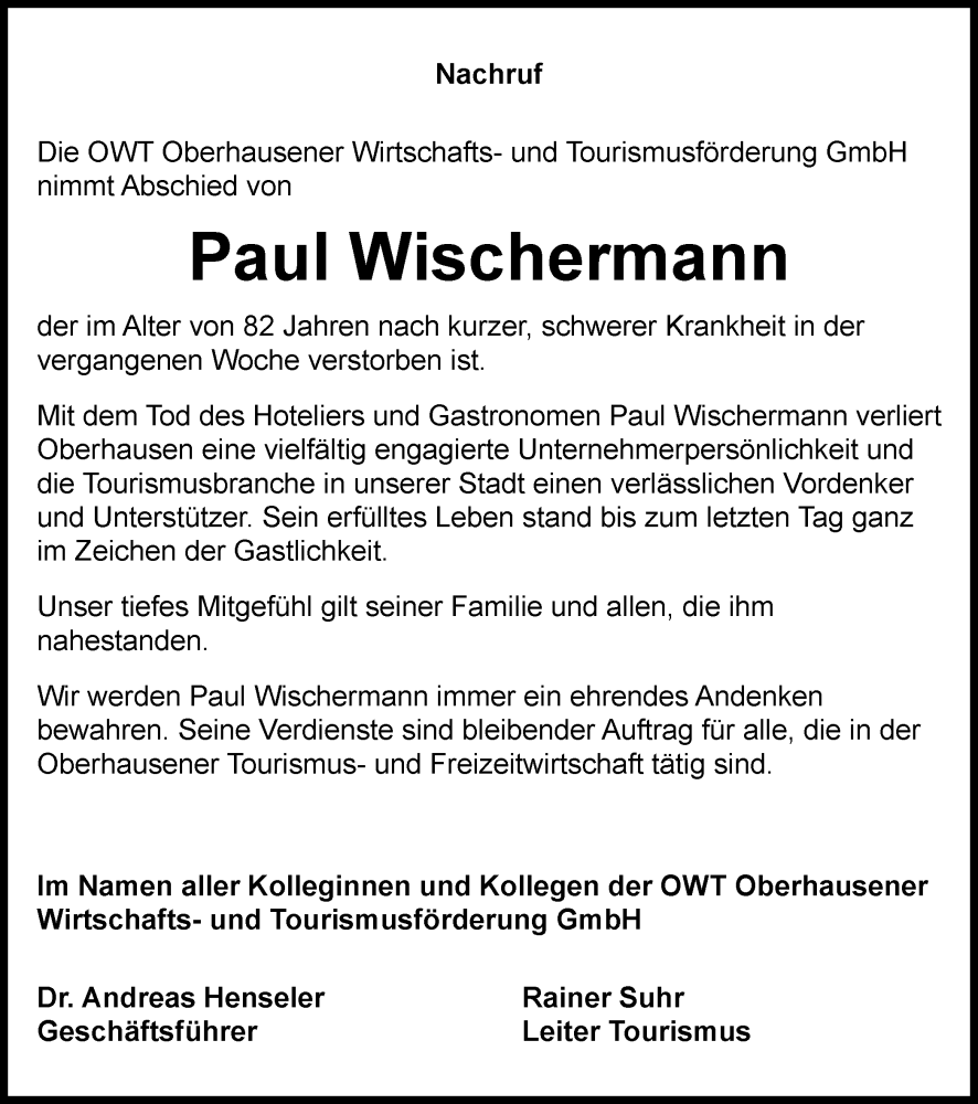  Traueranzeige für Paul Wischermann vom 28.10.2023 aus Tageszeitung