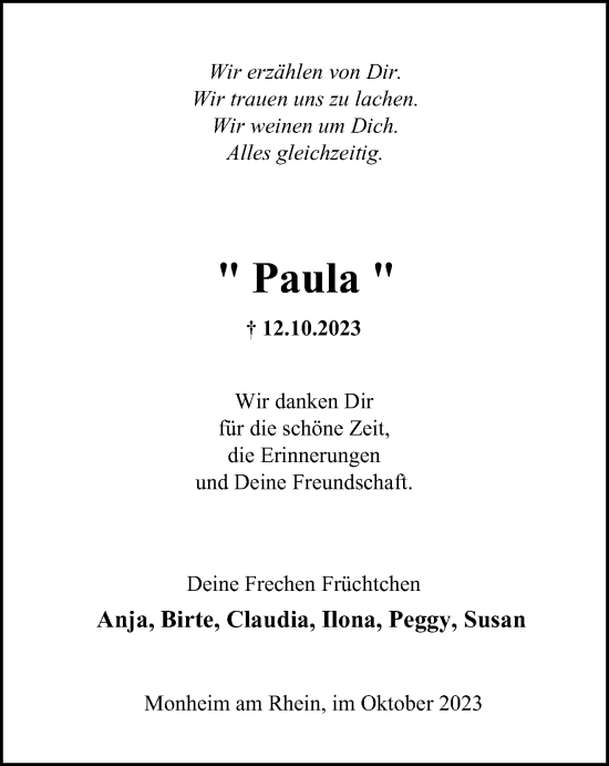 Traueranzeige von Paula  von Tageszeitung