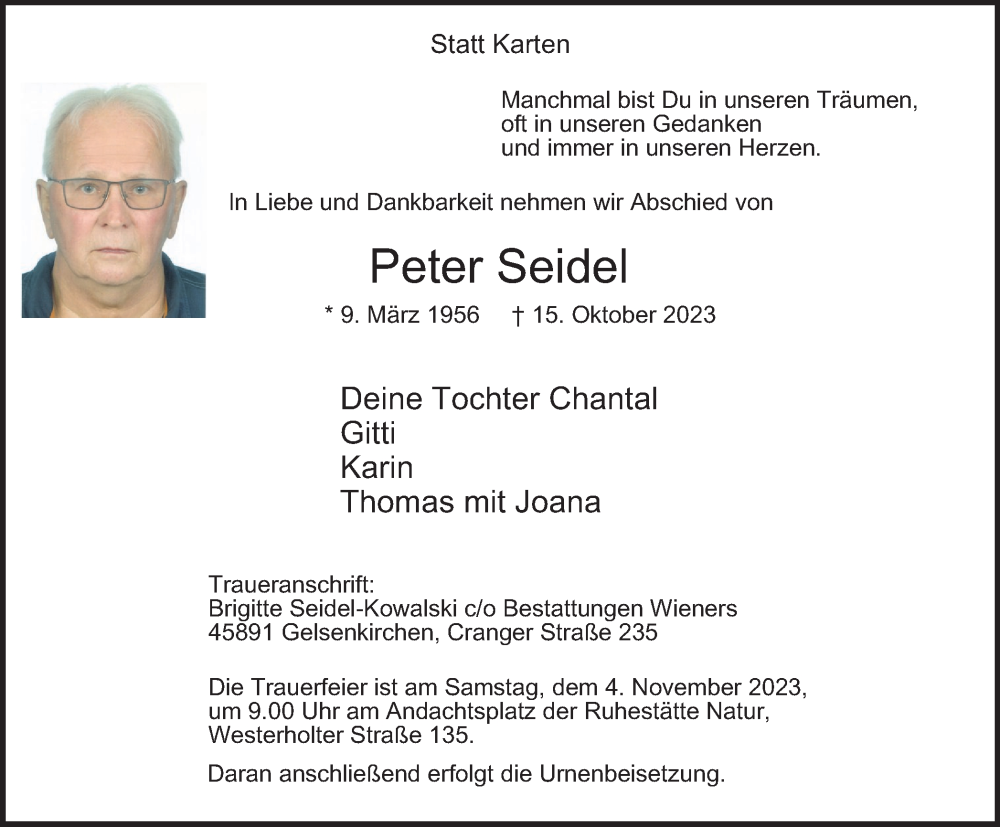  Traueranzeige für Peter Seidel vom 28.10.2023 aus Tageszeitung