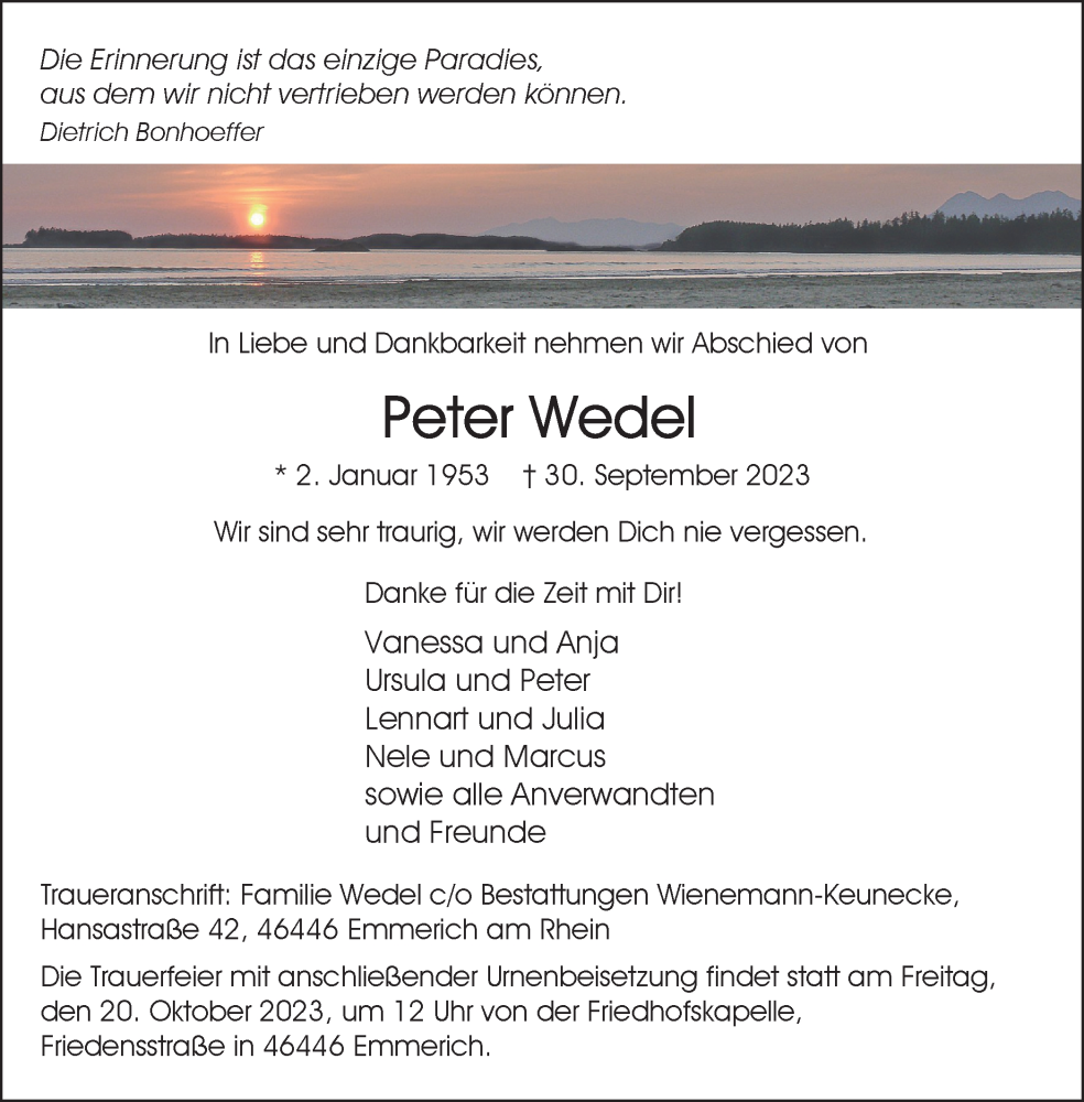 Traueranzeige für Peter Wedel vom 14.10.2023 aus Tageszeitung