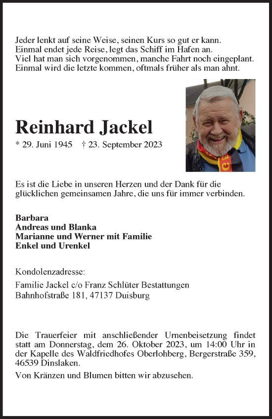 Traueranzeige von Reinhard Jackel von Tageszeitung