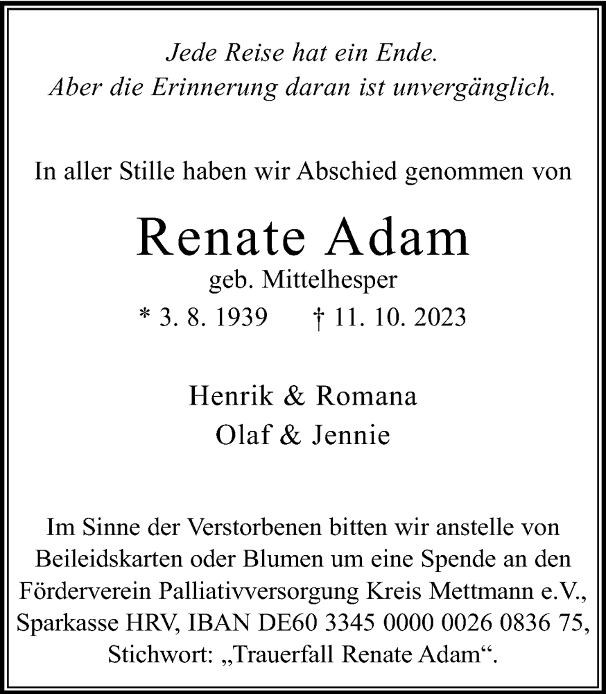  Traueranzeige für Renate Adam vom 21.10.2023 aus Tageszeitung