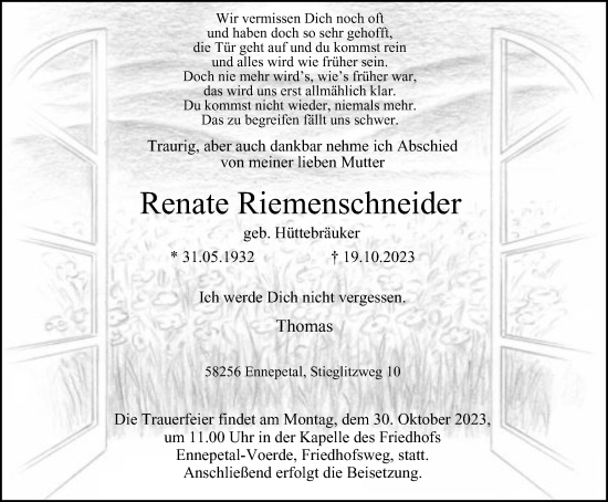 Traueranzeige von Renate Riemenschneider von Tageszeitung