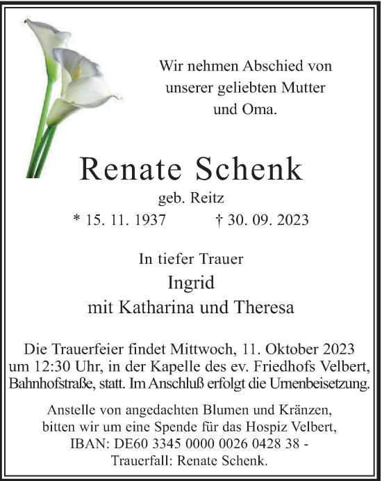 Traueranzeige von Renate Schenk von Tageszeitung