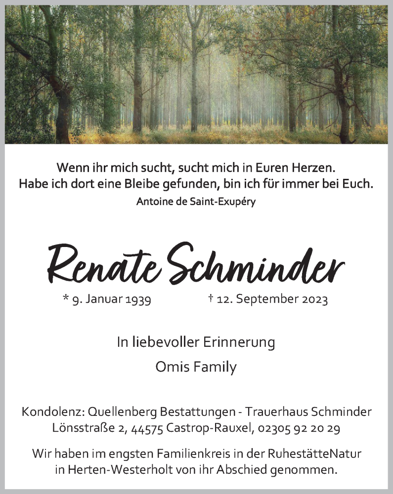  Traueranzeige für Renate Schminder vom 14.10.2023 aus Tageszeitung