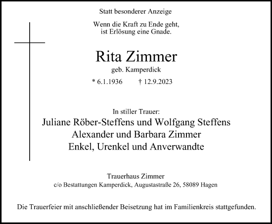 Traueranzeige von Rita Zimmer von Tageszeitung