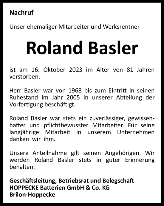 Traueranzeigen von Roland Basler TrauerinNRW.de