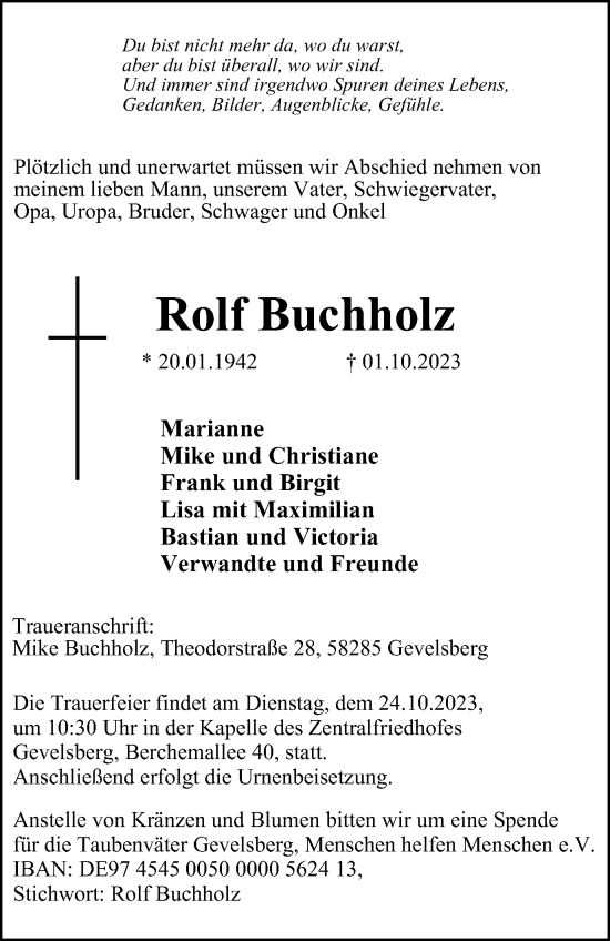 Traueranzeige von Rolf Buchholz von Tageszeitung