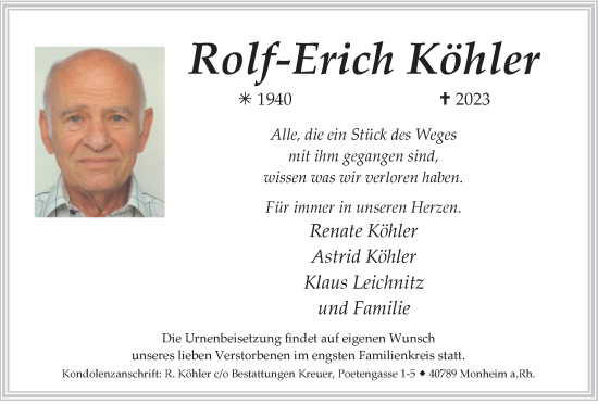 Traueranzeige von Rolf-Erich Köhler von Tageszeitung