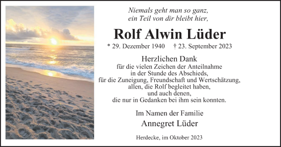 Traueranzeige von Rolf  Lüder von Tageszeitung