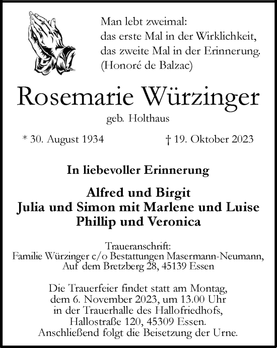 Traueranzeige von Rosemarie Würzinger von Tageszeitung