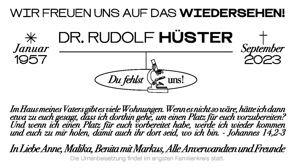 Traueranzeige für Rudolf Hüster vom 11.10.2023 aus Tageszeitung