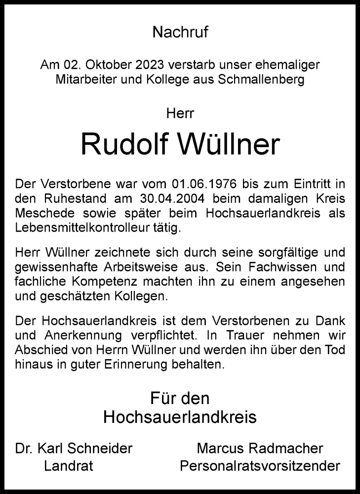  Traueranzeige für Rudolf Wüllner vom 21.10.2023 aus Tageszeitung
