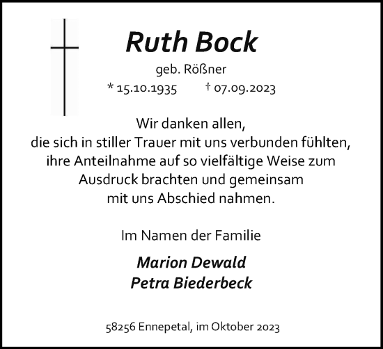 Traueranzeige von Ruth Bock von Tageszeitung