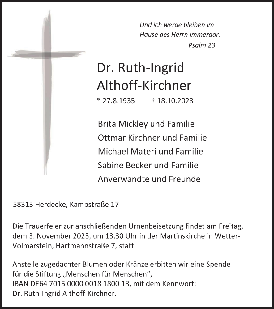  Traueranzeige für Ruth-Ingrid Althoff-Kirchner vom 28.10.2023 aus Tageszeitung