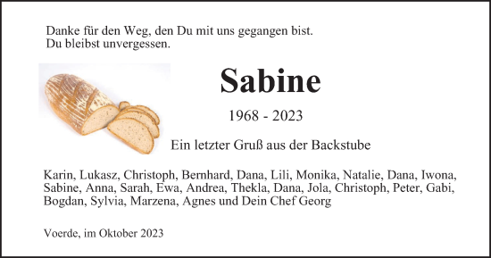 Traueranzeige von Sabine  von Tageszeitung