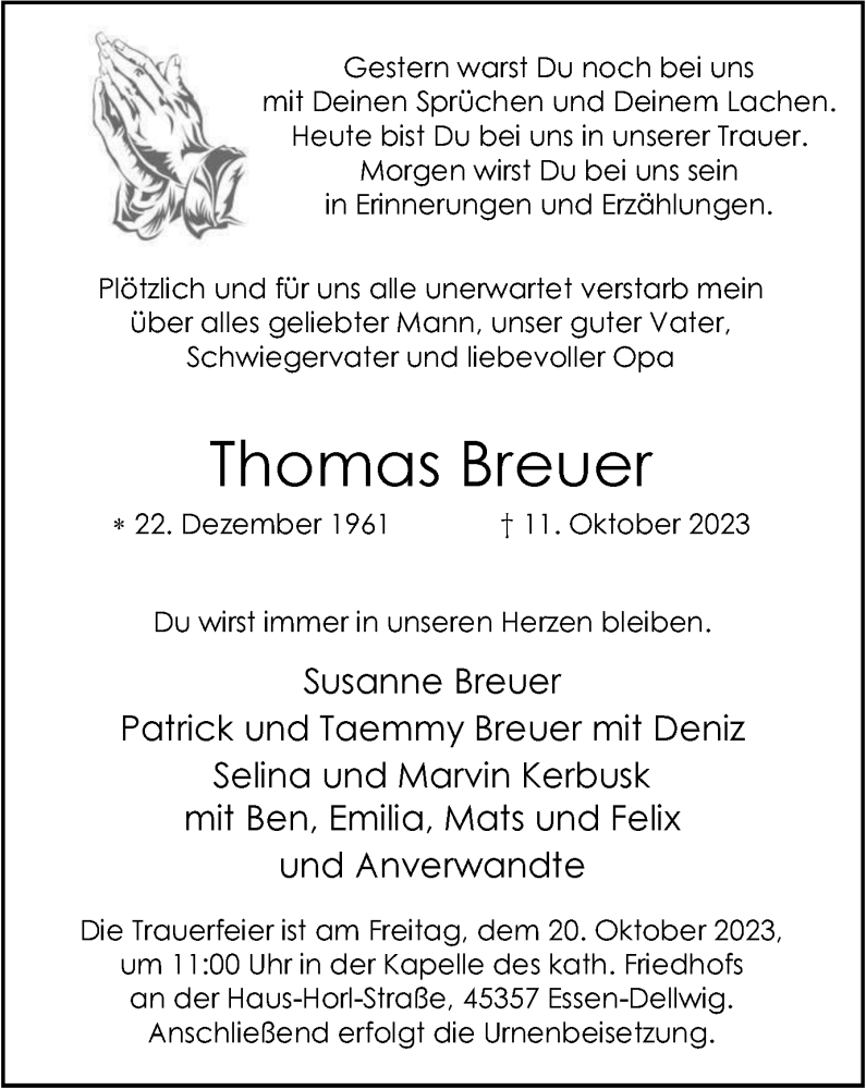  Traueranzeige für Thomas Breuer vom 14.10.2023 aus Tageszeitung