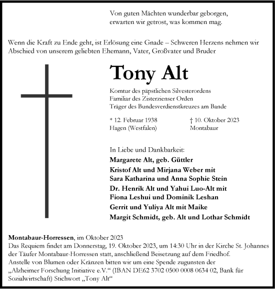 Traueranzeige von Tony Alt von Tageszeitung