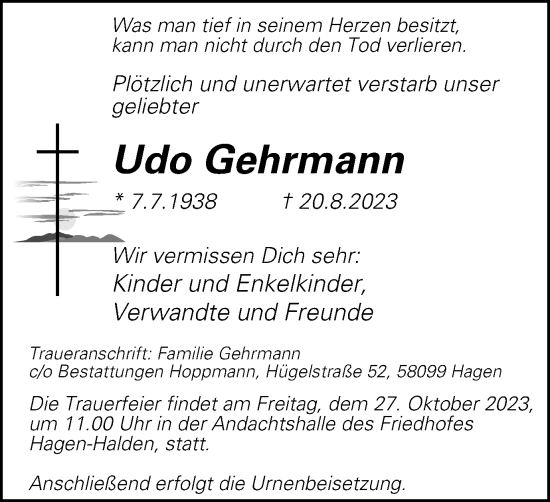 Traueranzeige von Udo Gehrmann von Tageszeitung