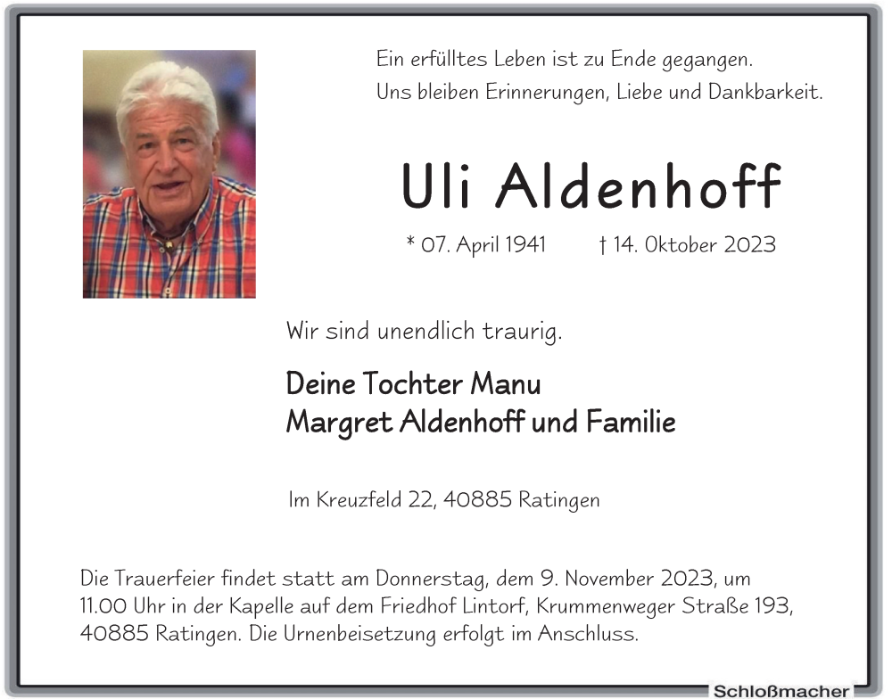  Traueranzeige für Uli Aldenhoff vom 28.10.2023 aus Tageszeitung