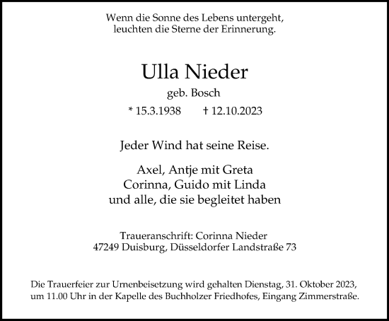 Traueranzeige von Ulla Nieder von Tageszeitung