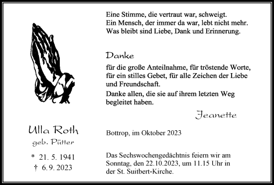Traueranzeige von Ulla Roth von Tageszeitung