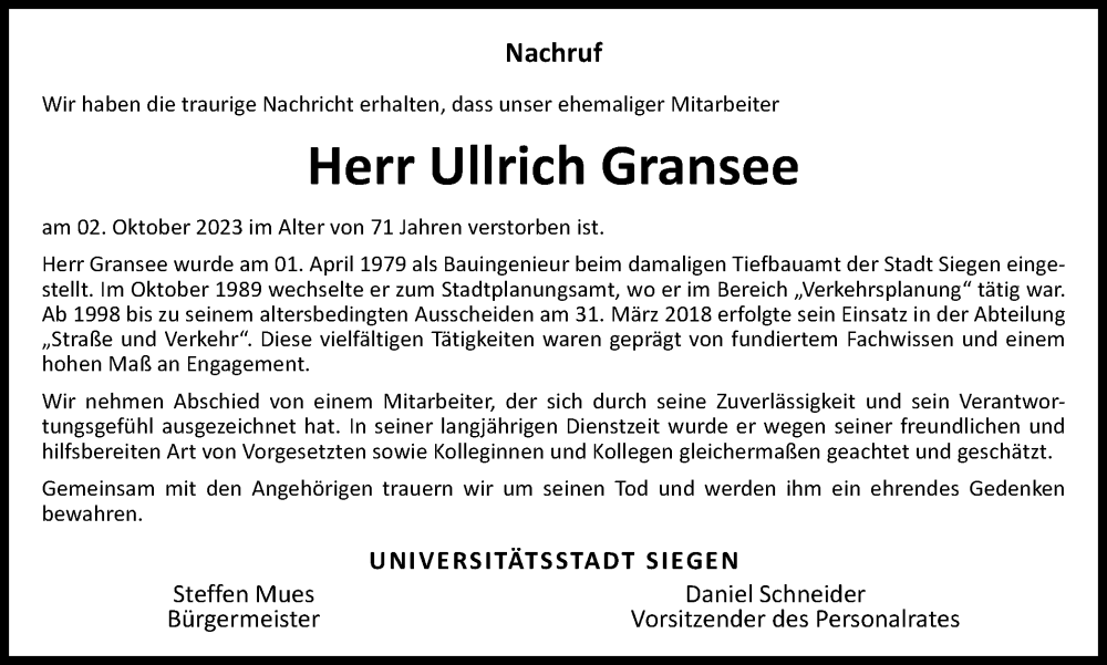 Traueranzeige für Ullrich Gransee vom 11.10.2023 aus Tageszeitung